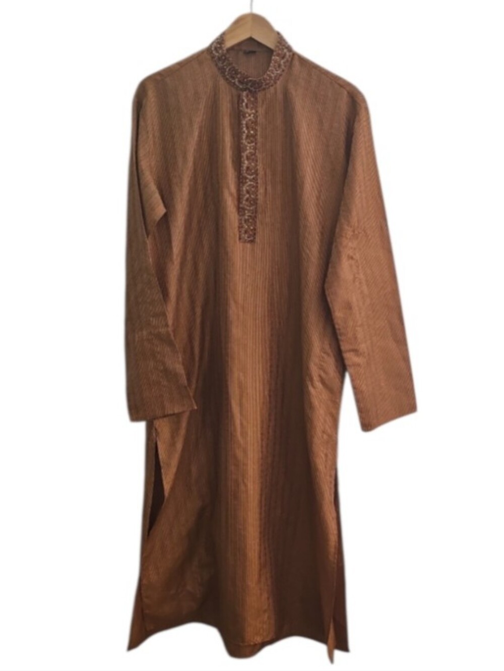 Men’s Kurta Size 40/US L Brown Gold Metallic Embroidered Paisley Indian Formal